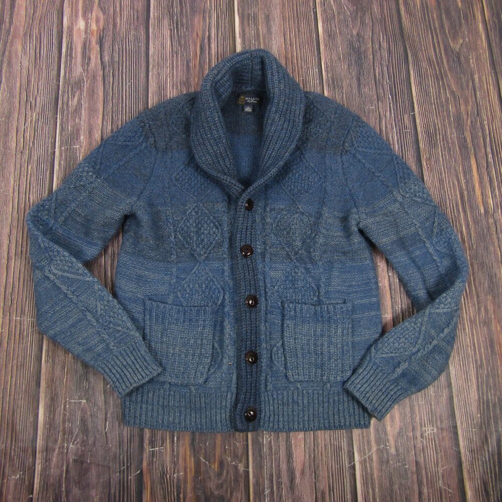 WALLIN & Bros Blue Cable Knit Shawl Collar Cardigan Sweater Size M‎ Lambs Wool